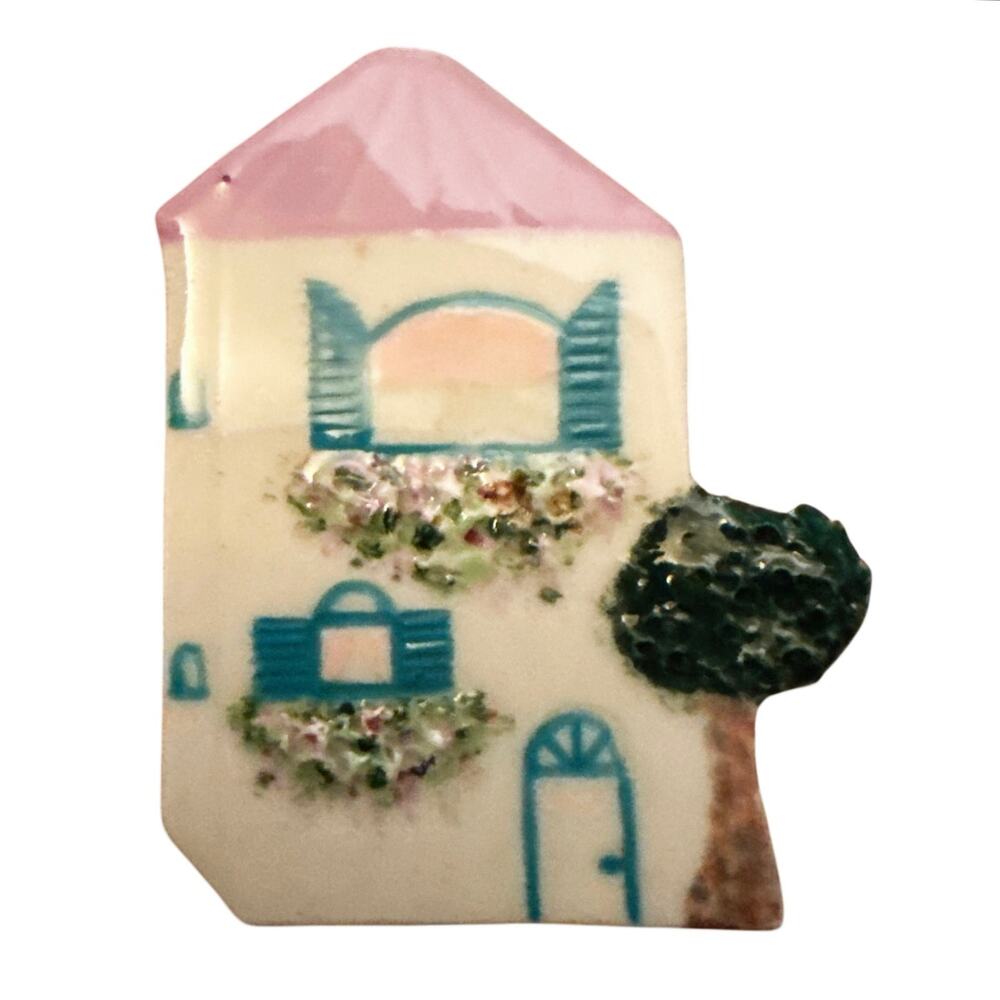 Handcrafted Ceramic Cottage Brooch – Textured Tree & Flowers – Signed LN – 1.75”